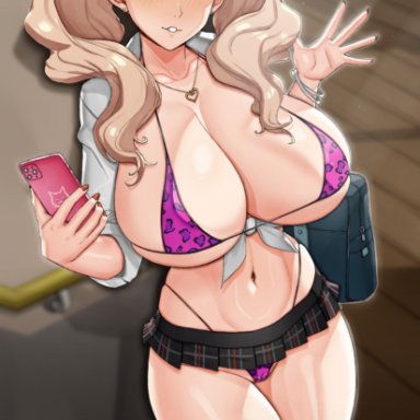 atlus, persona, persona 5, ann takamaki, cognitive ann, handplug, 1girls, alternate breast size, animal print, bikini, bimbo, bimbo body, bimbofication, blonde hair, blonde hair female