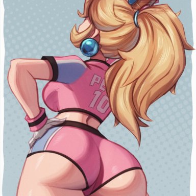 mario (series), mario strikers, princess peach, magaska19, ass, ass focus, blonde hair, crop top, crown, earrings, from below, gloves, hand on hip, long hair, long ponytail