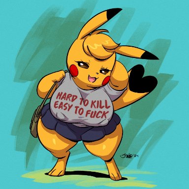 pokemon, kanna (joaoppereiraus), pikachu, pokemon (species), joaoppereiraus, 1girls, big breasts, breasts, busty, clothing, female, female only, huge breasts, large breasts, shirt