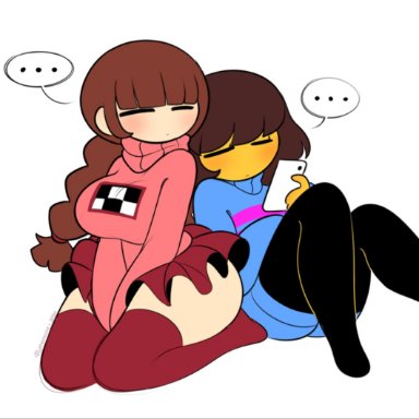 undertale, undertale (series), yume nikki, frisk, frisk (undertale), madotsuki, puppysnackz, 1girls, big ass, big breasts, big butt, brown hair, laying down, phone, pink hoodie