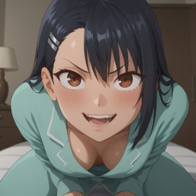 please don't bully me, nagatoro, hayase nagatoro, shiroppo, bed, bed sheet, bedroom, black hair, breasts, brown eyes, cleavage, collarbone, hair pin, long hair, oppai, pajamas