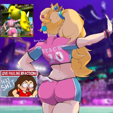 mario (series), mario strikers, nintendo, pauline, princess peach, 2girls, anger vein, annoyed, ass, ass awe, ass focus, back, back view, backboob, berrychuuu