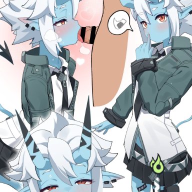 zenless zone zero, soukaku, 1boy, black necktie, black skirt, blue skin, blush, colored skin, commentary request, cropped jacket, fellatio, female, half-closed eyes, horns, long sleeves