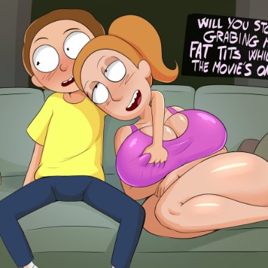 adult swim, rick and morty, morty smith, summer smith, spakka5, 2d artwork, ass, breasts, brother, brother and sister, female, groping, groping breasts, hair, huge breasts