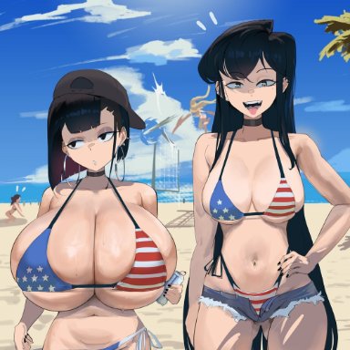 original, goth (booruguru), booruguru, 2girls, american flag bikini, beach, black hair, color, colored inner hair, eyelashes, eyeshadow, fat breasts, flat belly, goth, half-closed eyes