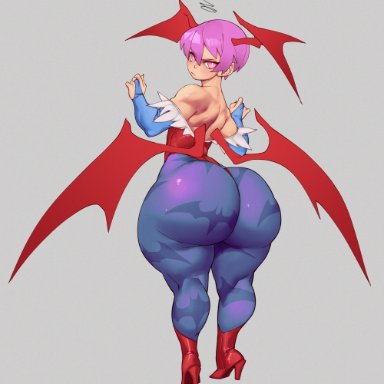 capcom, darkstalkers, lilith aensland, hayabusart, 1girls, 2d artwork, annoyed, anus, ass, ass juice, bat print, big ass, blue pantyhose, bottom heavy, breasts