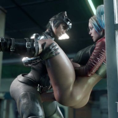 batman (series), dc comics, batman, catwoman, harleen quinzel, harley quinn, selina kyle, tokpok3d, 1futa, 1girls, anal, ass jiggle, bottomless, carrying partner, clothed