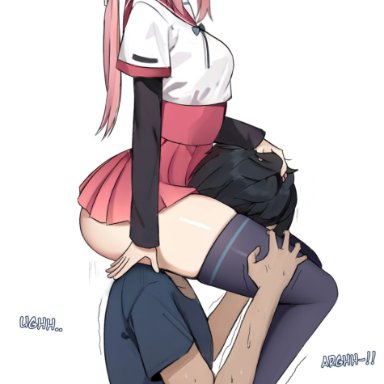 mahou shoujo madoka magica, puella magi madoka magica, tamaki iroha, miyu (artist), ass, bulge through clothing, cowgirl position, cumshot, femdom, footjob, headscissor, legs, long legs, magical girl, male masochism