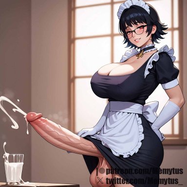 hunter x hunter, shizuku murasaki, memytus, black hair, cum, cumming, futanari, huge balls, huge breasts, huge cock, maid, maid uniform, milf, thick thighs, ai generated