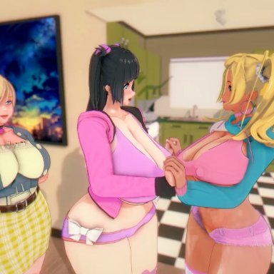 original, series, original character, original characters, japs8005, 3girls, ahe gao, bed, big ass, big breasts, big butt, black hair, blonde hair, blowjob, blowjob face