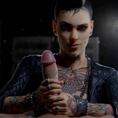 watch dogs, clara lille, ulfsark3d, 1boy, 1girls, black fingernails, blender, blue eyes, chest tattoo, clothed, clothed female, clothed female nude male, edging, eyelashes, eyeshadow