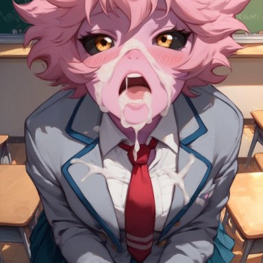 my hero academia, my hero academia: two heroes, patreon, mina ashido, crudesiren, cum, cum in mouth, cum on face, curvy, curvy figure, dark eyes, kneeling, looking at viewer, open mouth, pink body