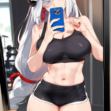 genshin impact, shenhe (genshin impact), fsm, 1girls, bangs, bare shoulders, black shorts, black sports bra, blue eyes, bra, braid, braided ponytail, breasts, cellphone, cleavage