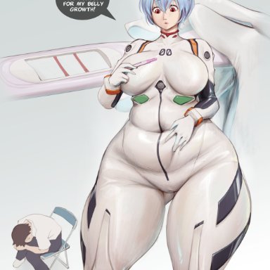 evangelion, neon genesis evangelion, rei ayanami, shinji ikari, steely bird, 1girls, bodysuit, human, large breasts, pregnancy test, pregnant, solo, solo female, standing, thick thighs