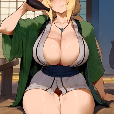 naruto, tsunade, erotic nansensu, big ass, big breasts, blonde hair, drunk, looking at viewer, milf, teasing, thick thighs, voluptuous, voluptuous female, ai assisted, ai generated