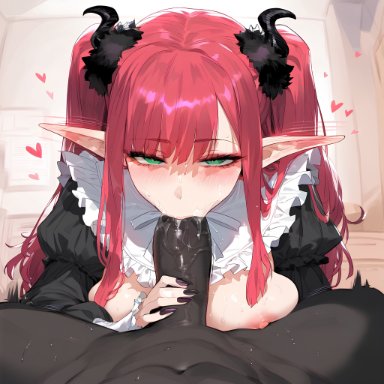 sono bisque doll wa koi wo suru, kitagawa marin, waifulover, :&gt;=, 1boy, 1girls, bangs, black dress, black horns, black nails, blush, breasts, clothing, cock worship, completely nude