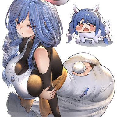 hololive, pekomama, usada pekora, honkivampy, 2girls, angry, animal ear fluff, animal ears, ass, bent over, black bodysuit, blue hair, bodysuit, braid, braided ponytail