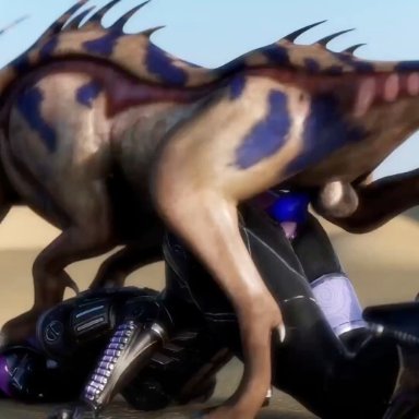 mass effect, quarian, tali'zorah nar rayya, varren, comandorekin, rekin3d, 1boy, 1girls, alien, all fours, anal, animal genitalia, ass, bent over, big ass