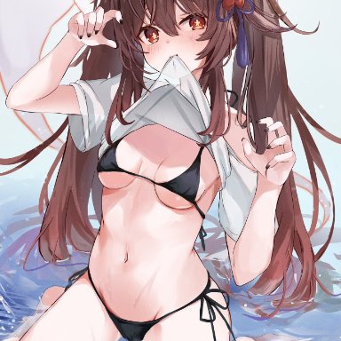 genshin impact, hoyoverse, mihoyo, boo tao (genshin impact), hu tao (genshin impact), artist request, 1girls, alternate costume, belly button, bikini, bikini bottom, bikini top, black bikini, black bikini bottom, black bikini top