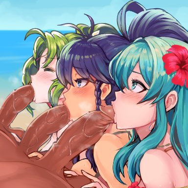 fire emblem, fire emblem: the sacred stones, nintendo, eirika (fire emblem), l'arachel (fire emblem), tana (fire emblem), revolverwingstudios, 3boys, 3girls, aqua hair, blowjob, blue hair, dark skin, dark-skinned male, female