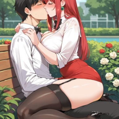 bible black, minase taki, takashiro hiroko, enigmata, 1boy, 1girls, adult and teenager, age difference, ass, bench, big ass, blush, bowtie, brown hair, cheating