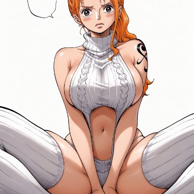 one piece, nami, nami (one piece), yashin, alluring, almost naked, almost nude, big breasts, blush, breasts, brown eyes, earring, earrings, female, female only