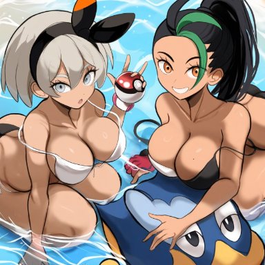 pokemon, pokemon ss, pokemon sv, bea (pokemon), nemona (pokemon), mullon, 2girls, beach, big breasts, bikini, dark skin, dark-skinned female, poke ball, summer, water