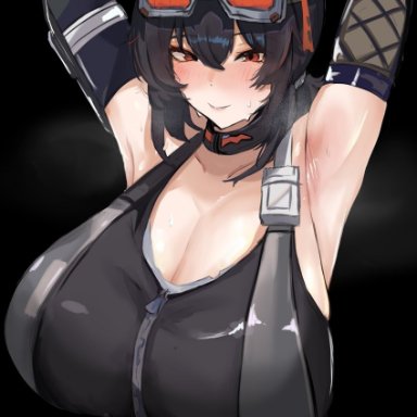 zenless zone zero, grace howard, machan, 1girls, armpits, black hair, blush, choker, clothed, female only, goggles, huge breasts, orange eyes, smile, stretching