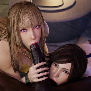 tekken, tekken 8, emilie de rochefort, kazama asuka, saveass , 1boy, 2girls, ass, ball sucking, balls, big penis, bikini, blonde hair, blowjob, blue eyes