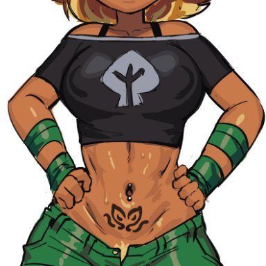 plants vs zombies, plants vs zombies: heroes, solar flare (pvz), grey impact, 1girls, bandaged arm, bare shoulders, belly button, big breasts, blonde hair, breasts, collarbone, crop top, dark skin, dark-skinned female