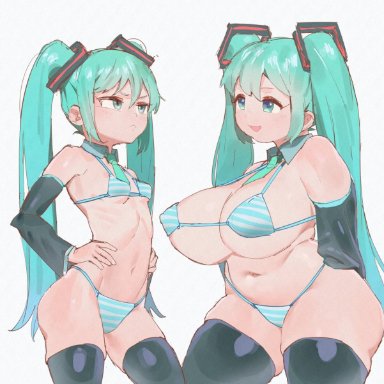 vocaloid, hatsune miku, hatsune miku (collared bikini), negao, 2d artwork, 2girls, alternate breast size, ass, average breasts, big ass, big butt, big thighs, bikini, bikini only, black stockings