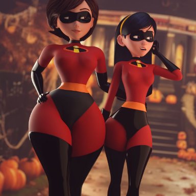 disney, halloween, pixar, the incredibles, helen parr, violet parr, smitty34, 2girls, body suit, clothed, costume, daughter, female, female only, halloween costume