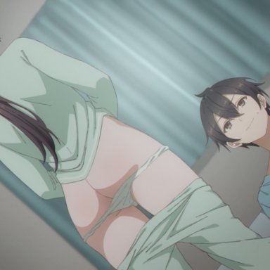 kuze masachika, suou yuki, keihh, 1boy, ass, bed, bedroom, brother and sister, brown hair, cowboy shot, curtains, dutch angle, female, from behind, green pajamas