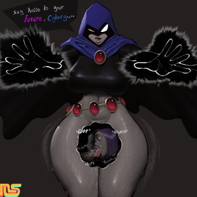 dc, dc comics, teen titans, cyborg (dc), rachel roth, raven (dc), victor stone, lewdcactus, namespace, 1boy, 1girls, belt, big breasts, blowjob, bottomless