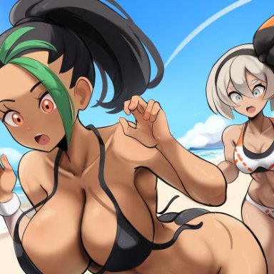 pokemon, pokemon ss, pokemon sv, bea (pokemon), nemona (pokemon), mullon, 2girls, beach, big breasts, bikini, dark skin, dark-skinned female, summer, surprised, wardrobe malfunction