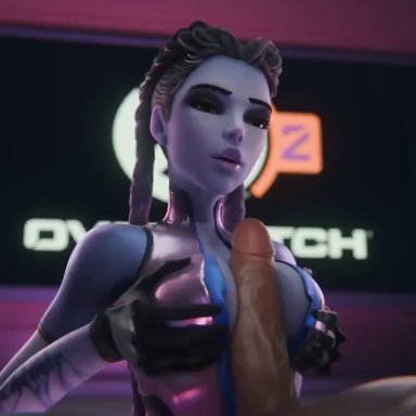 blizzard entertainment, overwatch, widowmaker, fraxxlr, 1boy, 1girls, big penis, breasts, dark hair, eyeshadow, female, gloves, hand on breast, light-skinned male, lips