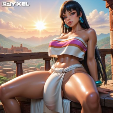 the road to el dorado, chel, lpyxel, 1futa, balls, beautiful background, big balls, big breasts, big penis, black hair, bracelet, brown eyes, bulge, clothed, curvy