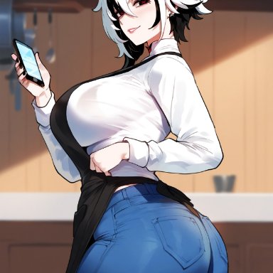 genshin impact, arlecchino (genshin impact), miyuai, apron, ass, bangs, black apron, black eyes, black hair, black pants, blue pants, blurry, blush, breasts, cellphone