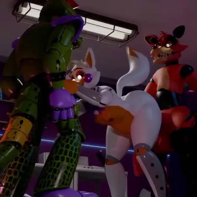 five nights at freddy's, fnaf, scottgames, foxy (fnaf), lolbit (fnaf), lolbit (male), montgomery gator (fnaf), bonbonnfriends, 3boys, alligator, alligator tail, alligatorid, anal, anal sex, animatronic