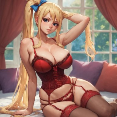 fairy tail, lucy heartfilia, alex-schura, 1girls, arm support, bangs, bare shoulders, bed, bedroom, blonde hair, blue eyes, blush, bow, bra, breasts