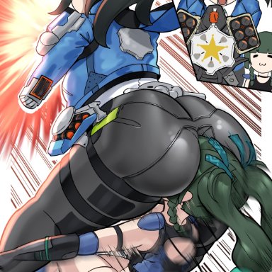 zenless zone zero, qingyi (zenless zone zero), zhu yuan, yuzun404, :3, 2girls, ammunition pouch, android, ass, ass focus, black gloves, black hair, black pants, black shorts, blue jacket