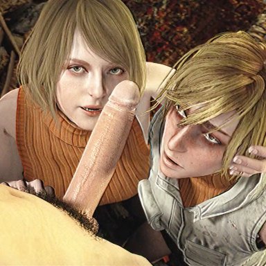 capcom, konami, resident evil, resident evil 4, silent hill, silent hill 3, ashley graham, heather mason, xentho, 1boy, 2girls, blonde hair, blowjob, clothed, clothed female