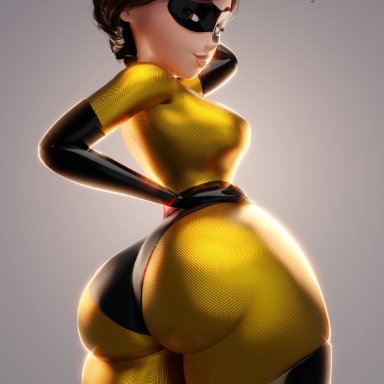 disney, pixar, the incredibles, elastigirl, helen parr, smitty34, 1girls, alternate costume, ass, big ass, big breasts, big thighs, breasts, brown eyes, brown hair