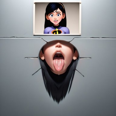 disney, pixar, the incredibles, violet parr, quakerflack, 1girls, black hair, blue eyes, bodily fluids, bodysuit, cute, diadem, drooling, eyes, female