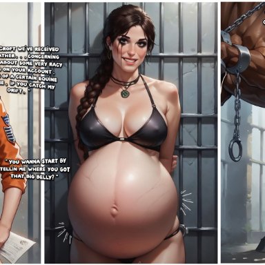 tomb raider, lara croft, lara croft (survivor), sterlingproductions, 1boy, 1girls, big belly, bikini, blowjob, bondage, brown hair, clothed, dominant feral, dress, equine balls