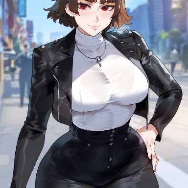 persona, persona 5, makoto niijima, creamy ai, black jacket, brown hair, curvy, jacket, large breasts, pants, red eyes, shirt, short hair, skindentation, thick thighs