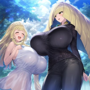 game freak, pokemon, pokemon sm, pokemon usm, lillie (pokemon), lusamine (pokemon), plusmolfa, 2girls, alternate breast size, breasts bigger than head, female, female only, huge breasts, human, human only