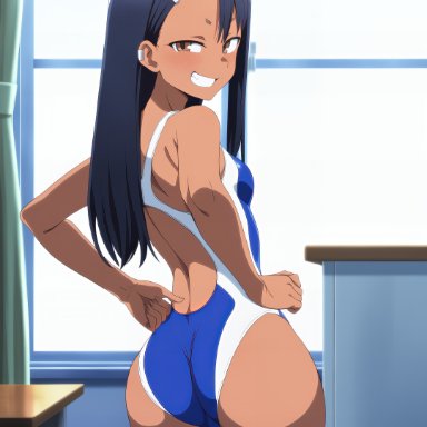 please don't bully me, nagatoro, hayase nagatoro, 1girls, ass, black hair, brown eyes, female, female only, fit female, grin, hairclip, indoors, legs, legs together, one-piece swimsuit