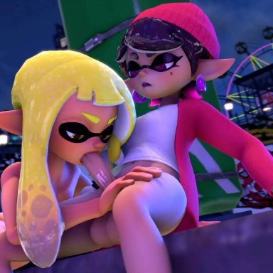 splatoon, agent 3 (splatoon 3), callie (splatoon), bunnxarts, sariken, agent, big balls, big penis, blowjob, cum, cum in mouth, deepthroat, exhausted, female on futa, futanari