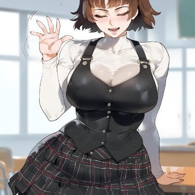 persona, persona 5, makoto niijima, creamy ai, brown hair, closed eyes, curvy, large breasts, pantyhose, school uniform, short hair, shuujin academy uniform, skindentation, thick thighs, waving